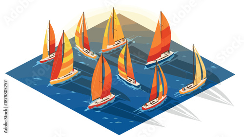 Isometric sailboat regatta on blue waters with vibrant orange and yellow sails
