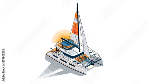 Modern isometric catamaran yacht with sunlit orange sails on white background