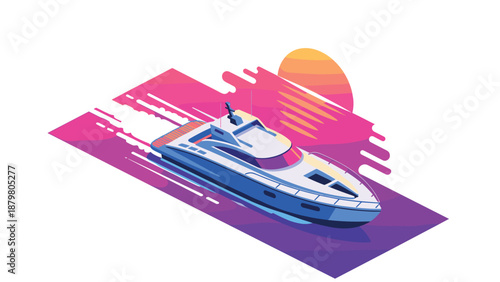 Vibrant yacht cruising at sunset with gradient ocean background