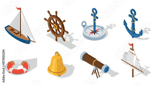 Nautical isometric icons featuring anchors, ships, compass, and maritime elements