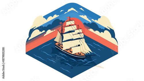 Vintage sailboat voyage in stylized oceanic scenery with retro color palette