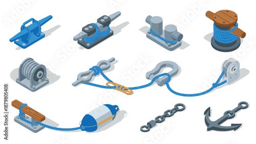 Marine equipment set featuring isometric anchors, ropes, and winches for nautical themes