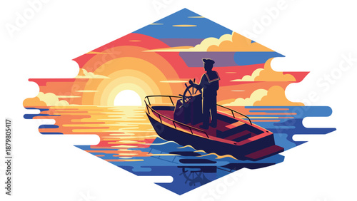 Captain navigating at sunset in vibrant geometric landscape