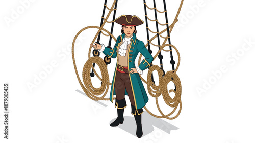 Pirate captain standing confidently in front of ship ropes in classic attire