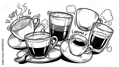 Hand-drawn Sketch Collection of Various Coffee Cups and Drinks - Espresso, Latte, Cappuccino, and More, Vector Illustration