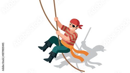 Playful pirate swinging on rope with shadow in flat design