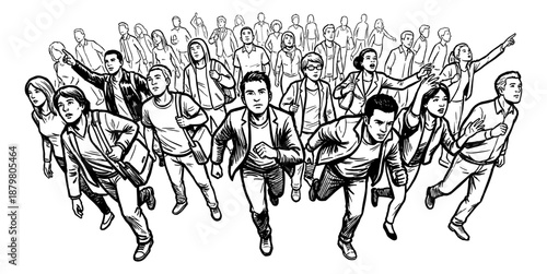 Large group of diverse people in motion, running and pointing with urgency, black and white hand-drawn illustration.