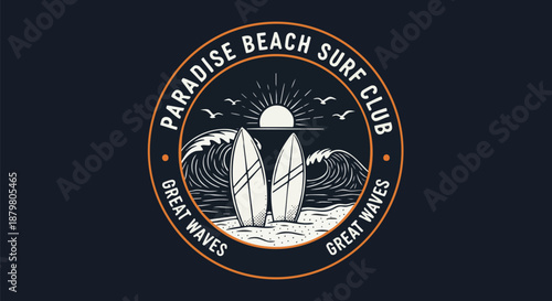 Vintage Paradise Beach Surf Club Emblem with Surfboards and Waves, Perfect for Apparel and Branding.