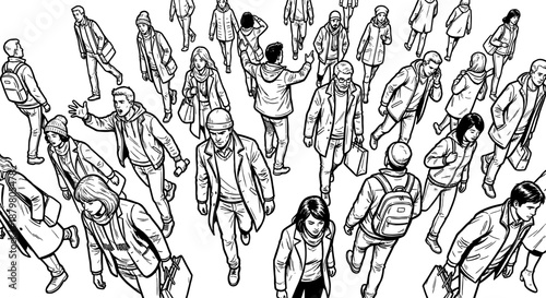 Black and white hand-drawn illustration of a diverse crowd of people walking on a busy city street, viewed from an overhead perspective.