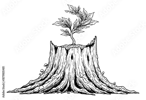 New Life Growing from Old Tree Stump Illustration, Black and White Engraving Style