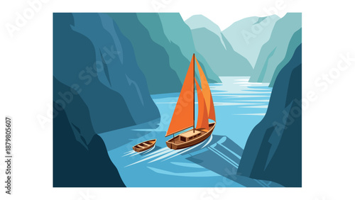 Sailing adventure in mountainous waters with vibrant red boat and calm blue landscape