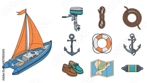 Nautical elements collection: boat, anchor, map, and more