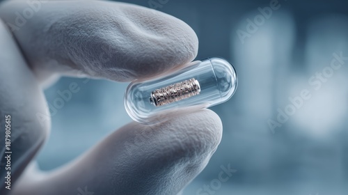Gloved hand holding transparent capsule with microchip tracker. Close-up medical or biotech concept, implant device in pill form, blurred laboratory background, no people visible.