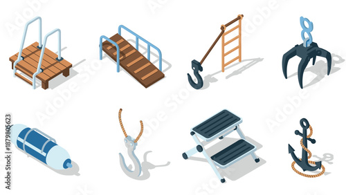 Isometric nautical and industrial equipment set with hooks and ladders