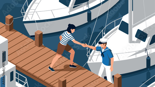 Nautical meeting on a dock with sailboats in isometric style