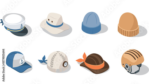 Collection of stylish hats and helmets in isometric design