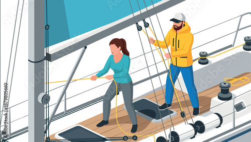 Teamwork on yacht with crew navigating the ocean in isometric style