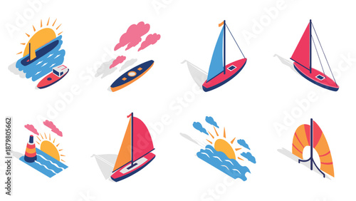 Colorful isometric nautical icons with boats and sunrise elements