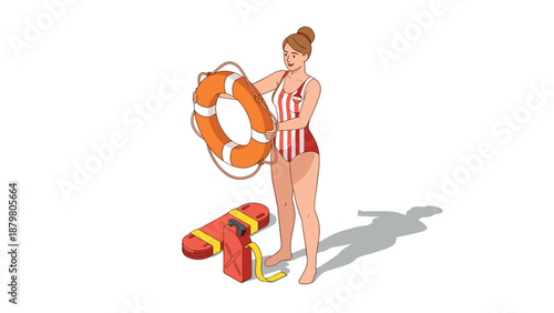 Lifeguard preparing safety equipment with life buoy and rescue tube