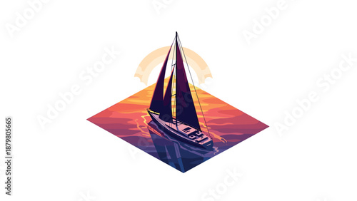 Elegant yacht at sunset with symmetrical ocean reflection