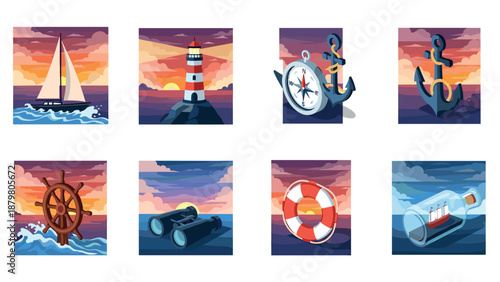 Nautical icons collection: sunset at sea with lighthouses, anchors, and ship elements