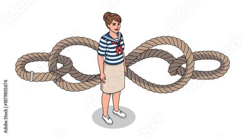 Woman in nautical outfit with complex rope knot in background
