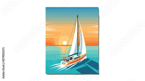 Sunset sailing adventure: serene ocean with sailboat and orange sunset sky