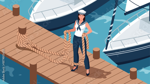 Nautical adventure: woman in sailor outfit holding rope on marina dock with boats