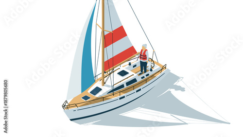 Sailing adventure: man navigating sailboat with colorful sails on a sunny day