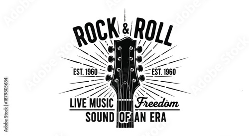 Vintage Rock and Roll Music Guitar Headstock Design with Est. 1960 and Live Music Freedom Slogan.