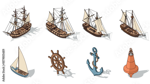 Isometric set of nautical ships and maritime icons in vintage style