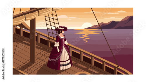 Elegant woman in historical dress on ship at sunset
