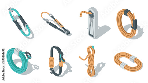 Isometric climbing gear collection with carabiners and ropes for adventure enthusiasts