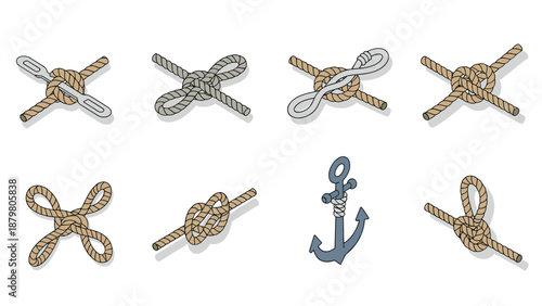 Various nautical knots and anchor in isometric style for marine enthusiasts