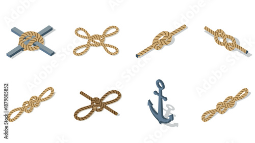 Isometric rope knots and nautical anchor set for marine and sailing design