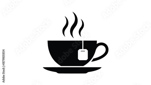 Steaming teacup with a tea bag on a saucer, a simple black and white icon for beverages Vector