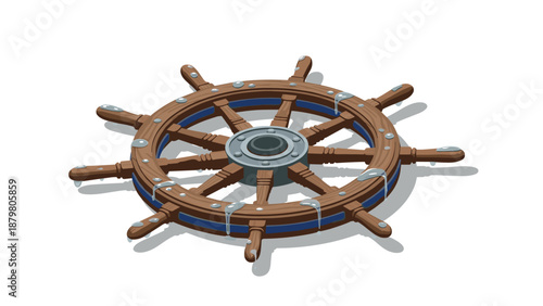 Nautical steering wheel with metal rivets on a white background