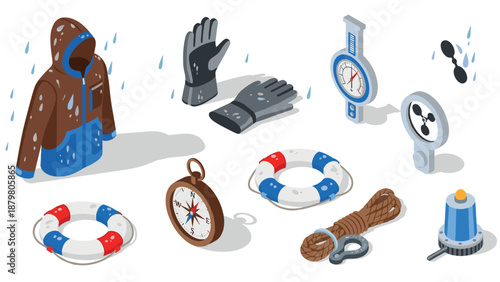 Essential nautical gear in isometric style featuring compass, raincoat, lifebuoy, and dive equipment