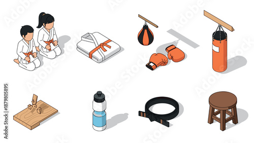 Isometric martial arts equipment set with karategi and boxing gear