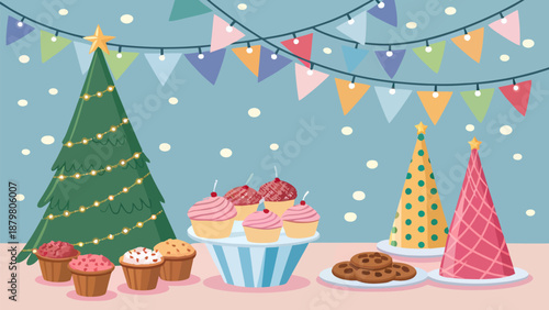 Colorful holiday treats and desserts on festive table setting