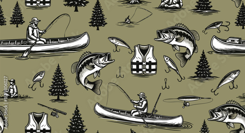 Vintage Style Fishing and Outdoor Recreation Seamless Pattern Design.