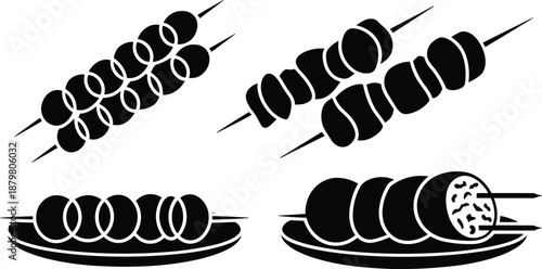 Grilled kebab skewer silhouettes set, barbecue meat chunks icons, bbq food on plate, restaurant menu illustration vector collection