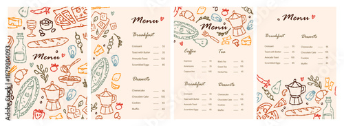 Stylish cafe menu templates with hand drawn food and drink doodles, warm pastel colors, perfect for restaurant branding and coffee shop design.