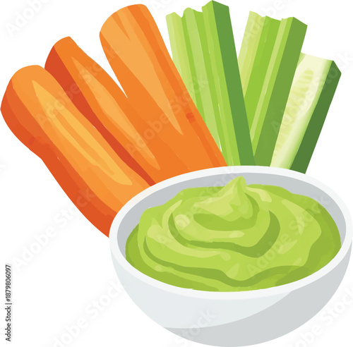 Fresh vegetable sticks with creamy green dip — healthy snack illustration perfect for party platters, vegan appetizers, nutrition guides, fitness content, and clean eating branding featuring carrot