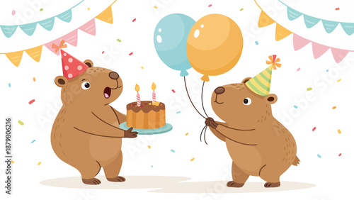 Two happy capybaras celebrating a birthday with cake and balloons