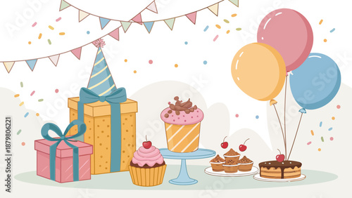 Colorful birthday celebration with desserts and gifts