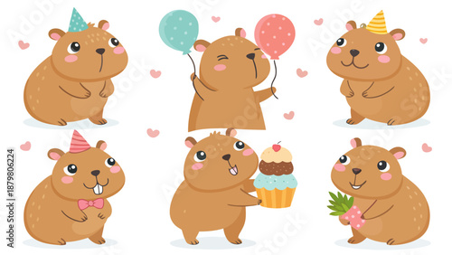 Adorable cartoon groundhogs celebrate happy birthday party