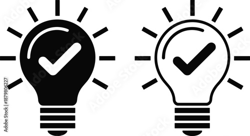 Black and white light bulb idea icons with check mark symbol, creative solution concept, innovation approval sign, smart thinking graphic design illustration
