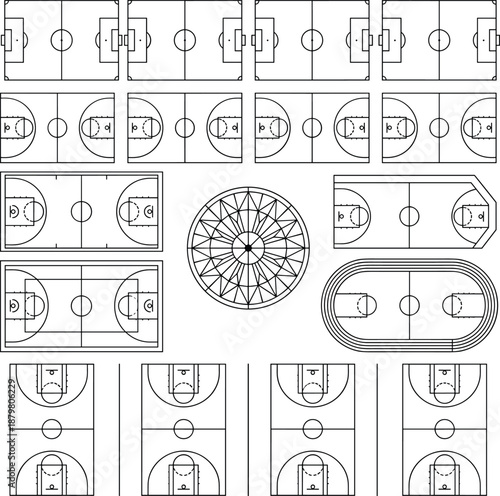 Basketball court blueprint, sports arena floor plan, indoor outdoor court layout, technical line drawing, architectural sports design, recreation facility plan, vector illustration, detailed schematic
