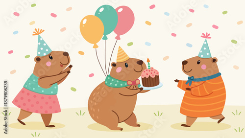Three capybaras celebrating birthday with cake and balloons